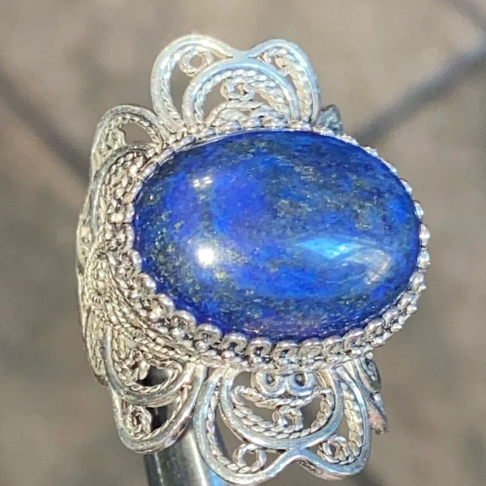 Genuine Lapis Lazuli Sterling Filigree Ring - Picture 4 of 11